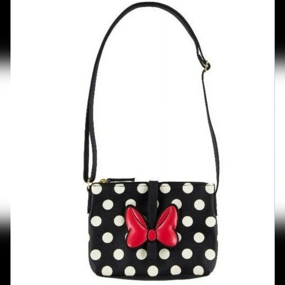 Disney Parks Minnie Mouse Black White Polka Dot Stripes Red Bow Crossbody Bag - Picture 16 of 16